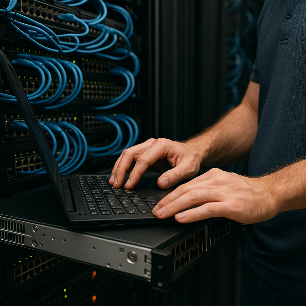 Server racks with blue cables