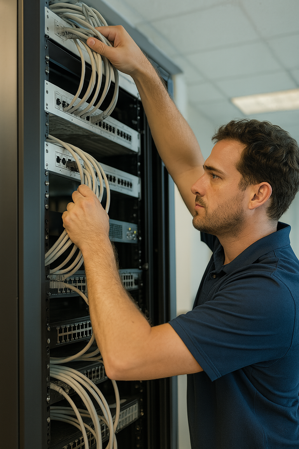 Technician installing network cables
